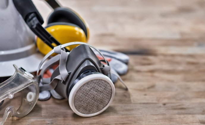 An aerator mask sitting on a wooden table, alongside a pair of safety glasses.